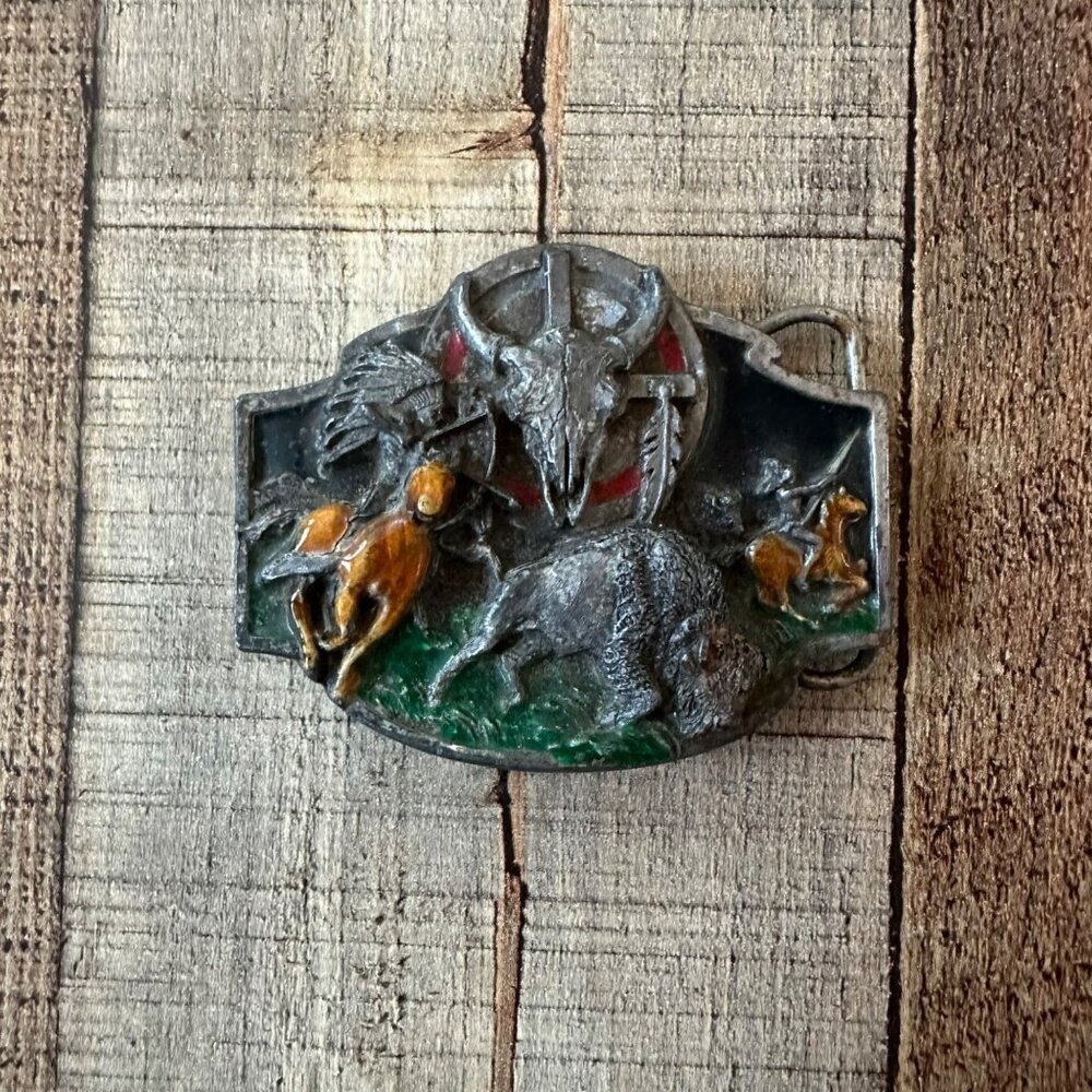 Vintage 1989 siskiyou belt buckle Native American with buffalo with enamel